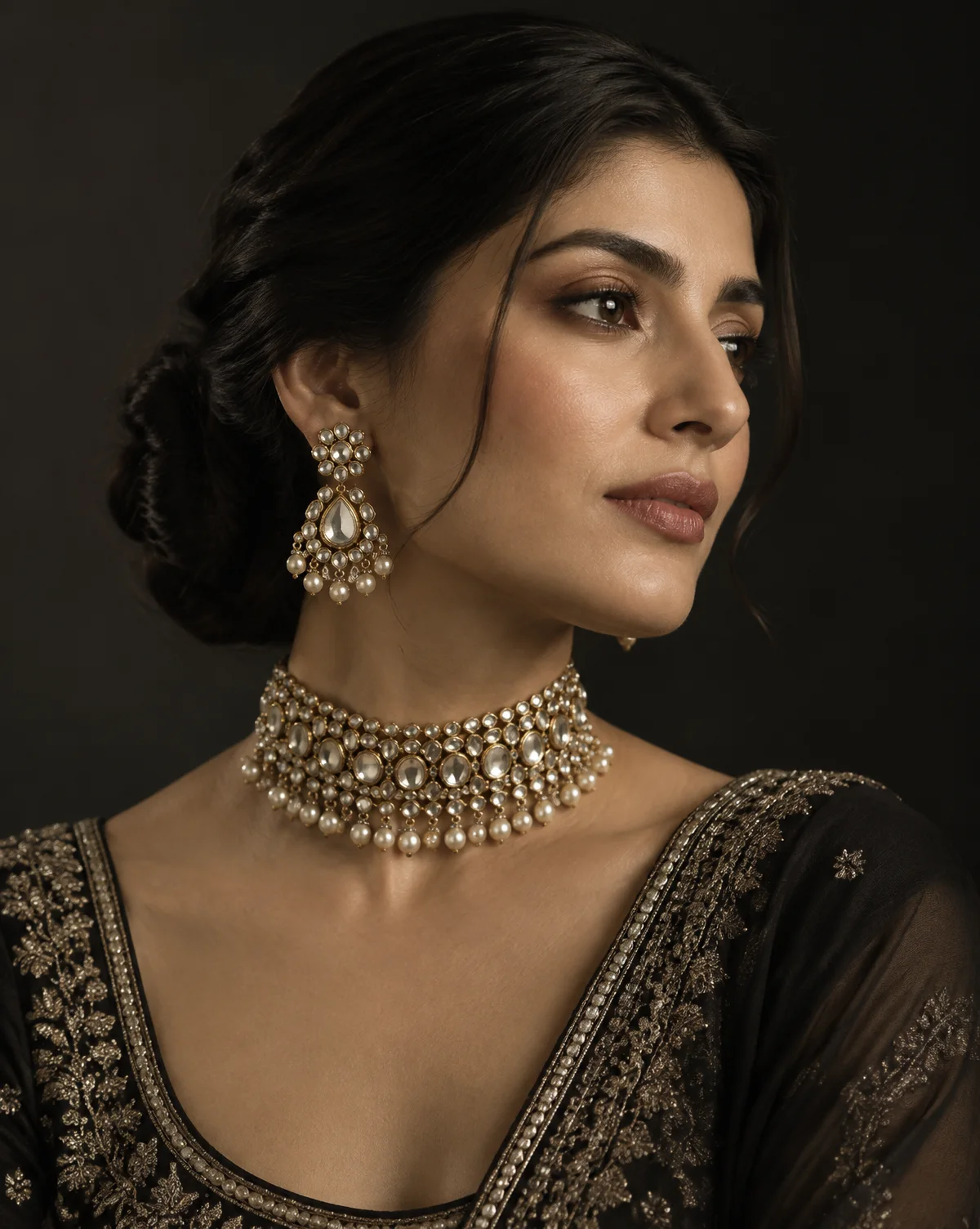 Model wearing a gold kundan choker and matching earrings