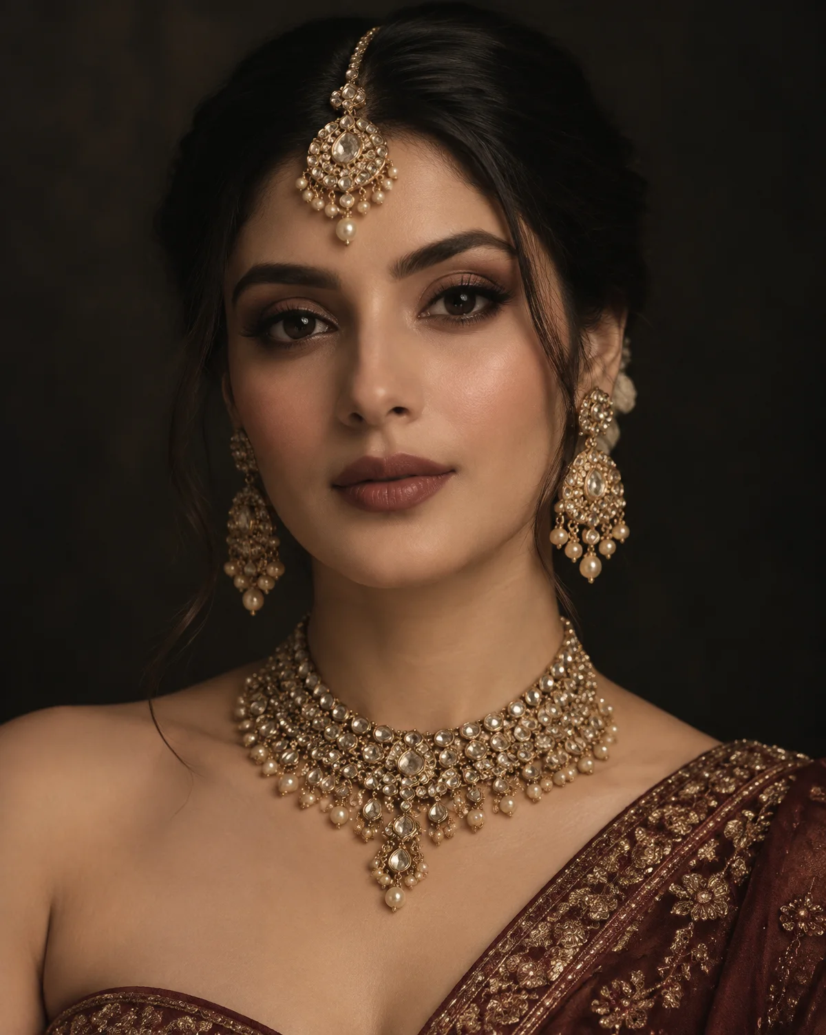 Model wearing an antique-gold polki bridal jewellery set